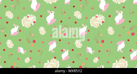 Green floral pattern with white rabbit, floral and pink dot. Surface pattern design. Stock Vector