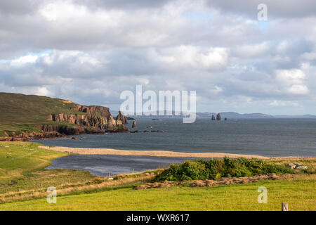 Braewick Beach & Da Drongs,  Da Drongs are a collection of spectacular granite stacks in St Magnus Bay, Mainland, Shetland islands, Scotland, UK Stock Photo