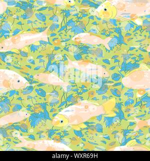 Wavy sealife goldfish koi seamless pattern. With waterplant, wave and fish in tones of blue and green. Modern, graphic, simple style. Perfect for restaurant menue, packaging design, aqua and sea lovers. Home decor and sationary. Stock Vector