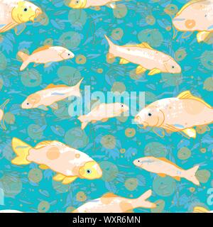 Wavy sealife goldfish koi seamless pattern. With waterplant, wave and fish in tones of blue and green. Modern, graphic, simple style. Perfect for restaurant menue, packaging design, aqua and sea lovers. Home decor and sationary. Stock Vector