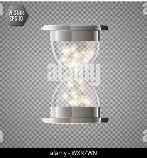 True transparent hourglass with glowing lights inside, isolated on transparent background. Simple and elegant hourglass timer. Hourglass icon 3d illus Stock Vector