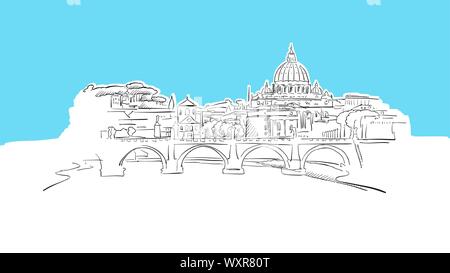 Rome Skyline Panorama Vector Sketch. Hand-drawn Illustration on blue background. Stock Vector