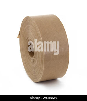 Reel with brown paper stickers labels isolated on the white background. Labels for thermo printer for bar codes to mark goods. They are Stock Photo
