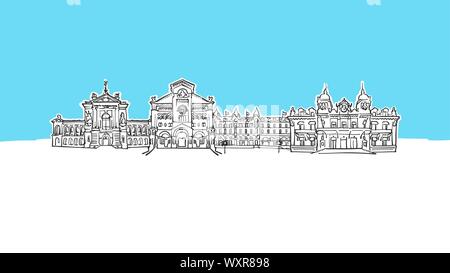 Monaco, Panorama Skyline Panorama Vector Sketch. Hand-drawn Illustration on blue background. Stock Vector