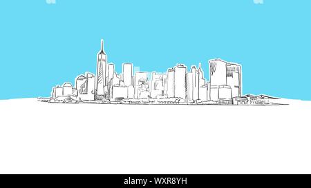 New York City Skyline Panorama Vector Sketch. Hand-drawn Illustration on blue background. Stock Vector