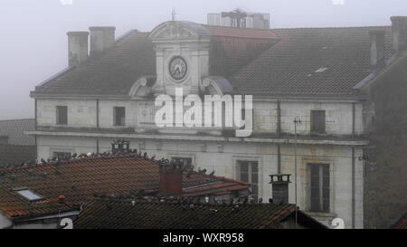 ANCIENNE HOTEL DE VILLE DE RIBÉRAC AVEC VUE SUR LES TOITS COUVERTS DE PIGEONS - RIBÉRAC OLD CTY HALL ON A  A MISTY DAY AND PIGEONS ON CLOSE ROOFS - NOSTALGIC TIME - CLOCK ON CITY HALL BUILDING - FRANCE AQUITAINE - FRANCE WINTER SEASON - DORDOGNE PÉRIGORD © Frédéric BEAUMONT Stock Photo