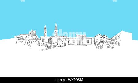 Nicosia Cyprus Skyline Panorama Vector Sketch. Hand-drawn Illustration on blue background. Stock Vector