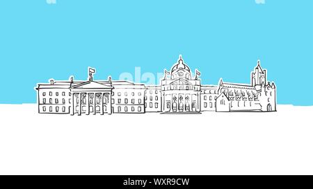 Dublin Ireland Skyline Panorama Vector Sketch. Hand-drawn Illustration on blue background. Stock Vector