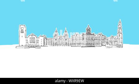 Amsterdam, Netherlands Skyline Panorama Vector Sketch. Hand-drawn Illustration on blue background. Stock Vector