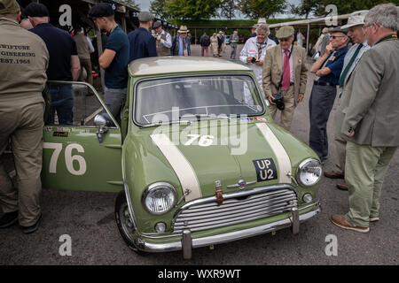 Vintage Mini Cooper on display in the paddock during the Goodwood Revival car festival, UK. Stock Photo