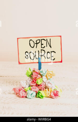 Writing note showing Open Source. Business concept for denoting software which original source code freely available Reminder pile colored crumpled pa Stock Photo