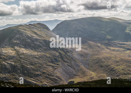 Walk from Llyn Bychan, Roman Steps and Llyn Du to Rhinog Fawr. Stock Photo