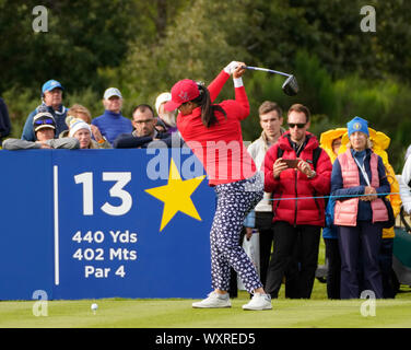 Solheim Cup 2019 at Centenary Course at Gleneagles in Scotland, UK. Angel Lin of USA drive on 13th hole during the Friday Afternoon Fourballs. Stock Photo