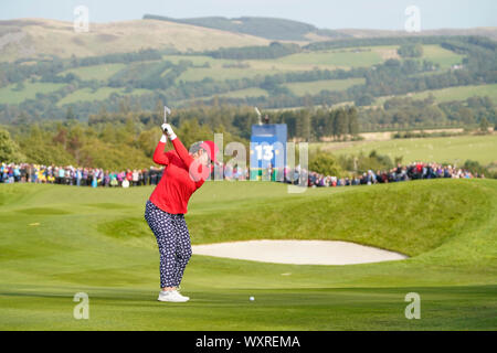 Solheim Cup 2019 at Centenary Course at Gleneagles in Scotland, UK. Angel Lin of USA approach to 13th hole during the Friday Afternoon Fourballs. Stock Photo