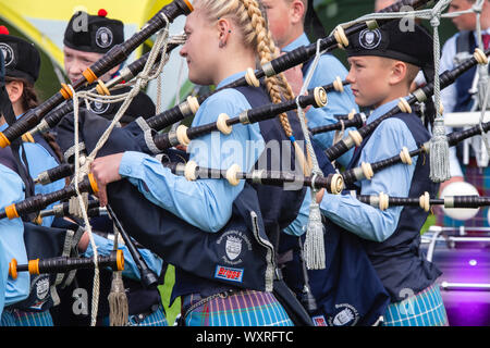 Burntisland and District Pipe Band with bagpipes at Peebles highland games. Scottish borders, Scotland Stock Photo