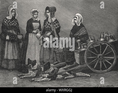 Drawings of Vasnetsov and Panov from the book: Life of European Peoples. Residents of the North. Author E.N. Vodovozova, 1899.   Belgian milkwomen and a barrow truck  with the draught dogs, Belgium Stock Photo