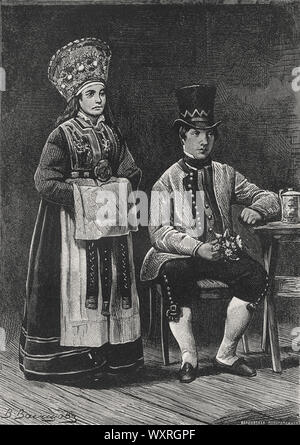 Drawings of Vasnetsov and Panov from the book: Life of European Peoples. Residents of the North. Author E.N. Vodovozova, 1899.  Norwegian fiancee and fiance, Norway Stock Photo