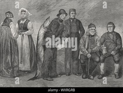 Drawings of Vasnetsov and Panov from the book: Life of European Peoples. Residents of the North. Author E.N. Vodovozova, 1899.  Coastal people of  Norway Stock Photo