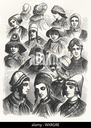Drawings of Vasnetsov and Panov from the book: Life of European Peoples. Residents of the North. Author E.N. Vodovozova, 1899.  Dutch Women in the folk headgears, Holland Stock Photo