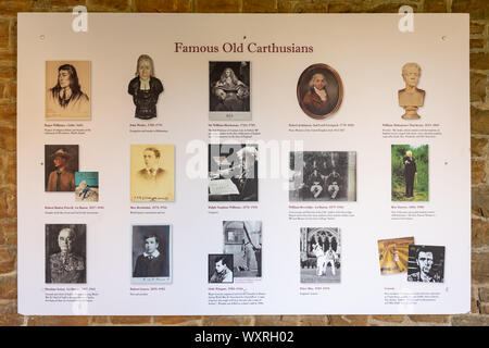 Charterhouse School, a historic boarding school in Surrey, UK. Information board about famous Old Carthusians (old school pupils) Stock Photo