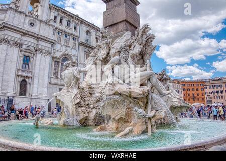 ROME, ITALY - 29 JUNE 2018: Bernini's famous Fountain of the Four Rivers, located in Piazza Navona Stock Photo