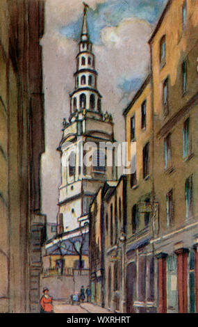 St Bride's Church, near Fleet Street, c1925. By Horace Mann Livens (1862-1936). St Bride's Church is a church in the City of London, England. The current building was designed by Sir Christopher Wren. Wren's original building was gutted by fire during the London Blitz of 1940. Stock Photo
