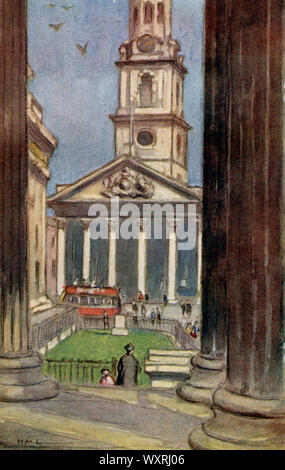 St Martin's in The Field, from the Potico of the National Gallery, c1925. By Horace Mann Livens (1862-1936). St Martin-in-the-Fields is an English Anglican church at the north-east corner of Trafalgar Square in the City of Westminster, London. It is dedicated to Saint Martin of Tours. The present building was constructed in a Neoclassical design by James Gibbs in 1722-1726. Stock Photo