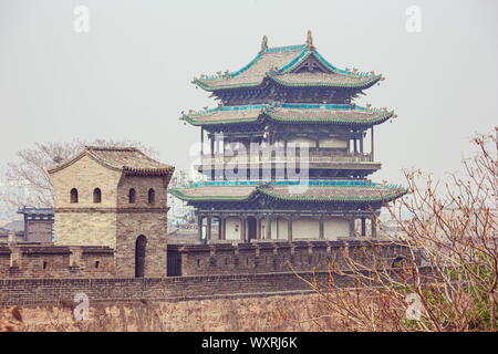 Close up of a watch tower in Pingyao seen from the city wall Stock Photo