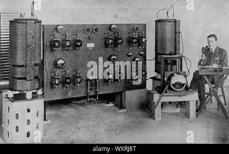 The first broadcast transmitter operated in Great Britain, 1919-1920. Installed at the Marconi Works, Chelmsford. Stock Photo