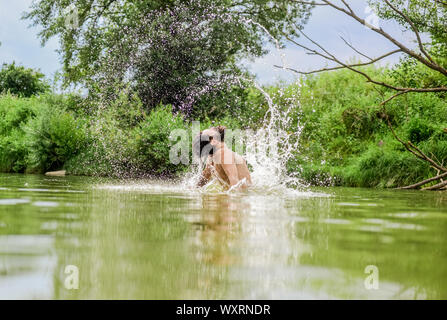 leisure time. bearded man swimming in lake. summer vacation. mature swimmer. brutal hipster with wet beard. refreshing in river water. water beast. furry monster. wild man. time to relax. Stock Photo