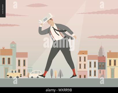 Rain - running businessman -modern flat vector concept illustration of an adult man wearing suit and tie, with a newspaper, running under the rain in Stock Vector