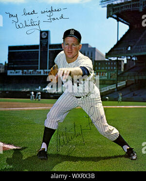 Autographed 1960s era color photo of Hall of fame pitcher Whitey Ford with the New York Yankees of the American League. Stock Photo