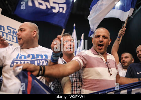 Tel Aviv, Israel. 17th Sep, 2019. Supporters of the Likud party react to exit polls at the Likud party's headquarters during the Israeli parliamentary elections. Credit: Ilia Yefimovich/dpa/Alamy Live News Stock Photo