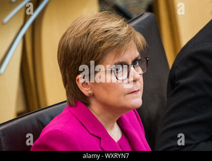 Edinburgh, UK. 12 September 2019. Pictured: Nicola Sturgeon MSP - First Minister of Scotland and Leader of the Scottish National Party (SNP). Weekly session of First Ministers Questions where the SNP and the Health Minister have been under fire for short comings for Edinburgh's new sick kids hospital. Colin Fisher/CDFIMAGES.COM Stock Photo