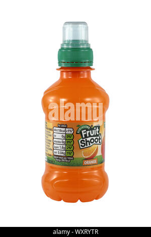 A 200ml plastic bottle of Robinsons Orange Fruit Shoot showing nutritional information isolated on a white background Stock Photo