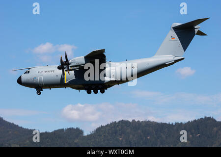 Zeltweg / Austria - September 5, 2019: German Air Force Luftwaffe Airbus Military A400M Atlas 54+19 military transport plane arrival and landing for A Stock Photo