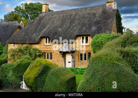 Historic thatched cottage in Great Tew village with sculpted hedgerows and yellow cotswold stone Oxfordshire England Stock Photo