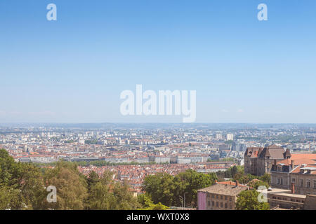Aerial panoramic view of Lyon with the historic center of the city visible in background and Saone river in the foreground, with the narrow streets of Stock Photo
