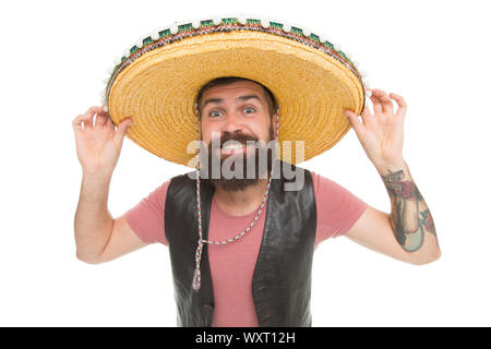 Real macho. Bearded macho wearing sombrero. Mexican macho in south american style. Spanish macho with beard and moustache in traditional mexican costume. Stock Photo