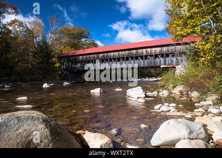 Wooden beams of covered bridge along the Kancamagus Highway in The White Mountains in New Hampshire, USA Stock Photo