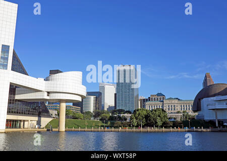 The Northcoast Harbour off Lake Erie with part of the downtown Cleveland, Ohio skyline on a late summer day. Stock Photo
