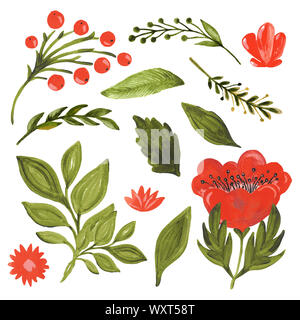 Collection autumn flower green leaves berry branch on white isolated background. Hand painted with acrylic and gouache. Botanical floral set Stock Photo