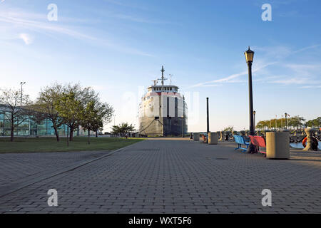 The William G. Mather, a retired Great Lakes bulk freighter, is part of the Great Lakes Science Center in the Cleveland, Ohio Northcoast Harbour. Stock Photo