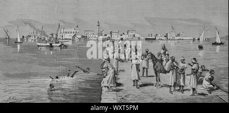 Insurrección del Sudán (bajo dominio de Egipto) por el líder religioso sudanés llamado Mahdi 'Guía' Muhammad Ahmad bin Abd Allah, contra las fuerzas del Jedivato de Egipto, y más tarde las fuerzas británicas. Ciudad portuaria de Massauah, sobre el Mar Rojo. Vista tomada desde el muelle. Dibujo por M. Alcázar. Grabado por Bernardo Rico (1825-1894). La Ilustración Española y Americana, 29 de febrero de 1884. Stock Photo