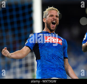 Napoli. 17th Sep, 2019. Napoli's Dries Mertens celebrates his goal during the UEFA Champions League Group E match between Napoli and Liverpool in Napoli, Italy, Sept.17, 2019. Credit: Alberto Lingria/Xinhua/Alamy Live News Stock Photo