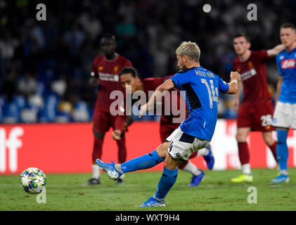 Napoli. 17th Sep, 2019. Napoli's Dries Mertens (front) scores his goal during the UEFA Champions League Group E match between Napoli and Liverpool in Napoli, Italy, Sept.17, 2019. Credit: Alberto Lingria/Xinhua/Alamy Live News Stock Photo