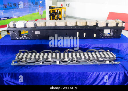 Changsha. 17th Sep, 2019. Photo taken on Sept. 17, 2019 shows a long stator linear motor and an electromagnet of magnetic-levitation train with a designed speed of 600 kph unveiled by the CRRC Zhuzhou Electric Co., Ltd. in Zhuzhou City, central China's Hunan Province. CRRC Zhuzhou Electric Co., Ltd. unveiled the key components of its magnetic-levitation train with a designed speed of 600 kph in central China's Hunan Province Tuesday. Credit: Chen Sihan/Xinhua Stock Photo