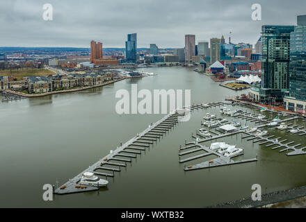 Aerial view of Baltimore skyline with skyscrapers, inner harbor, Fells Point in Maryland USA Stock Photo