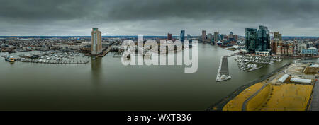 Aerial view of Baltimore skyline with skyscrapers, inner harbor, Fells Point in Maryland USA Stock Photo