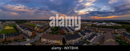 Aerial panorama of American luxury real estate neighborhood in Maryland with single family houses, mansions, high quality buildings with lot of land Stock Photo